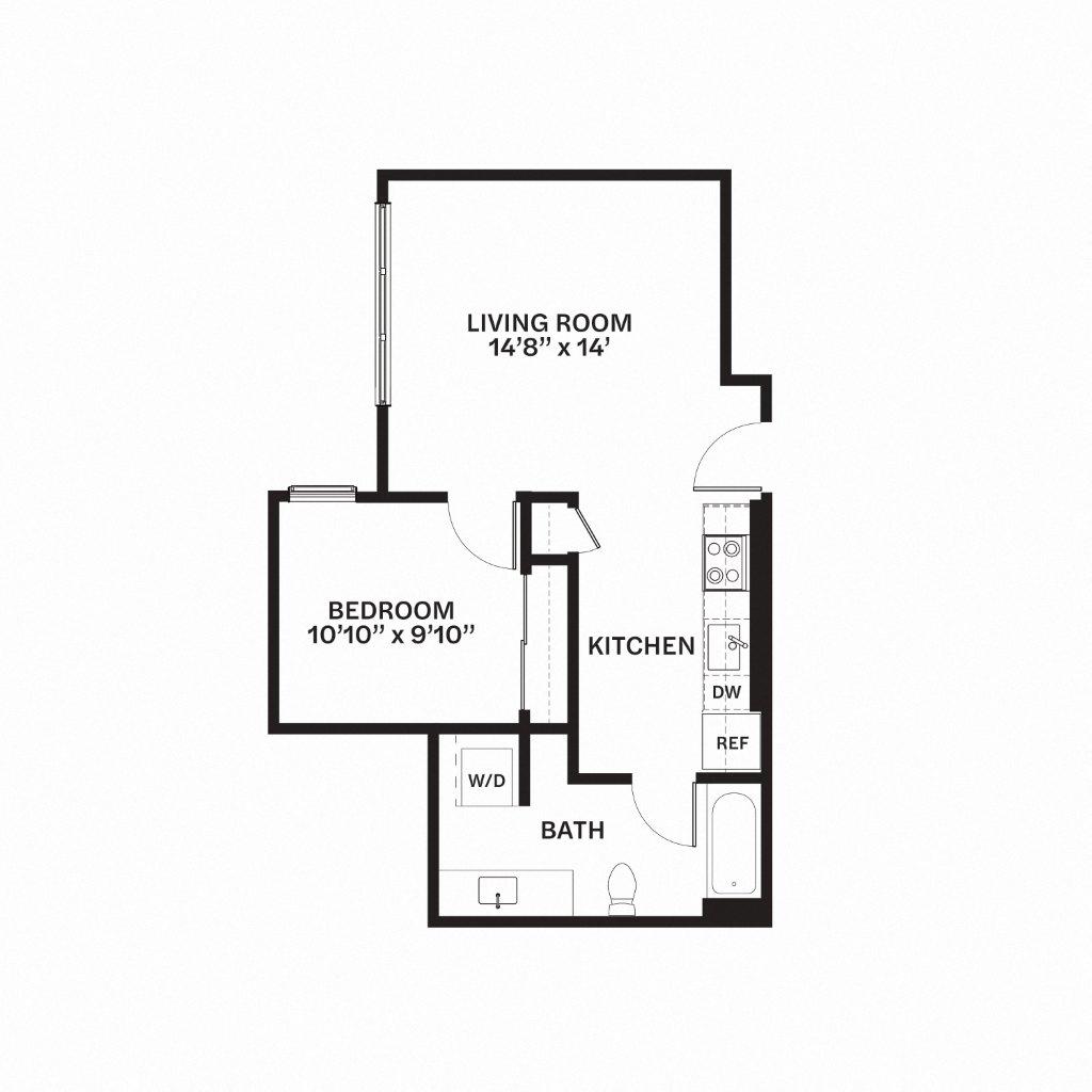 Floor plan for 1 bed, 1 bath, 611 sqft
